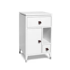 Abisko low leg bedside table, white, handle in brown elk leather