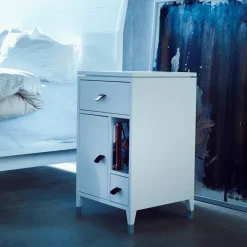 Abisko low leg bedside table, white, handle in brown elk leather