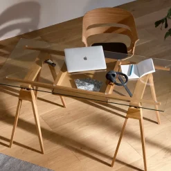 Arco desk, Oak clear lacquer incl. box, glass tabletop