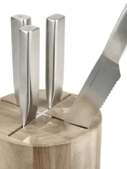 Base knife set with knife block, 5 pieces, Wood-steel grey