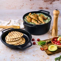 Cast iron Dutch oven and grill pan, pre-seasoned, 2-piece