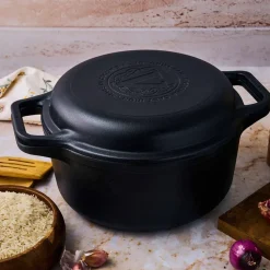 Cast iron Dutch oven and grill pan, pre-seasoned, 2-piece