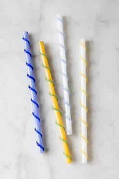 Celebrate straws long 20 cm 4 pieces, Blue-white-yellow-green