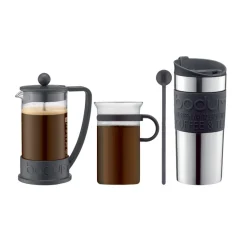 Coffee set with coffee press. cup. Travel mug and spoon, Black