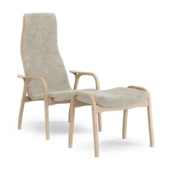 Lamino armchair and footstool varnished beech/sheepskin, Moonlight (beige)