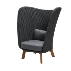 Peacock Highback lounge armchair, Cane-Line Natté dark grey, incl. grey cushions, legs in teak