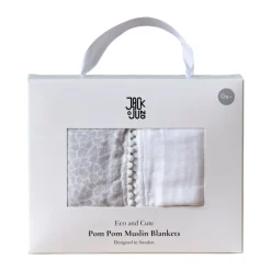 Pom Pom muslin blanket 120x120 cm 2-pack, Pearl & Giraffe gray