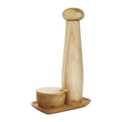 Raw ceramic pepper mill salt bowl & tray 3 pieces, Teak