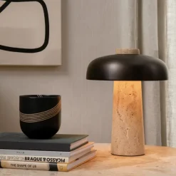 Reverse table lamp 30 cm, travertin-bronzed brass