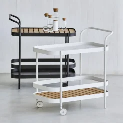 Roll serving trolley, Lava grey, incl. teak tabletop