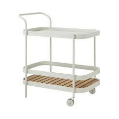 Roll serving trolley, White, incl. teak tabletop