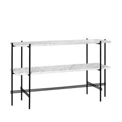 TS Console table 120x30x72 cm, White carrara marble, black legs, 2 marble shelves
