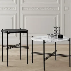 TS Round coffee table, Natural white travertine, ø80, black stand